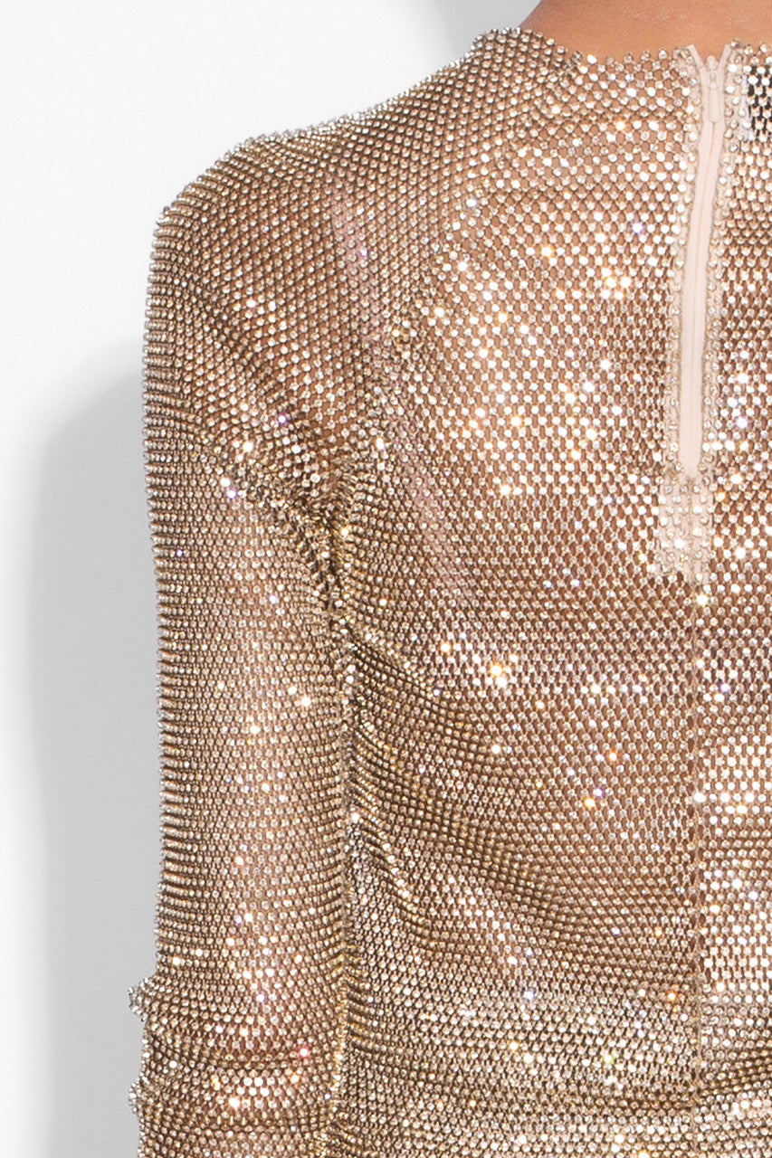 Crystal Embellished Fishnet Top in Gold