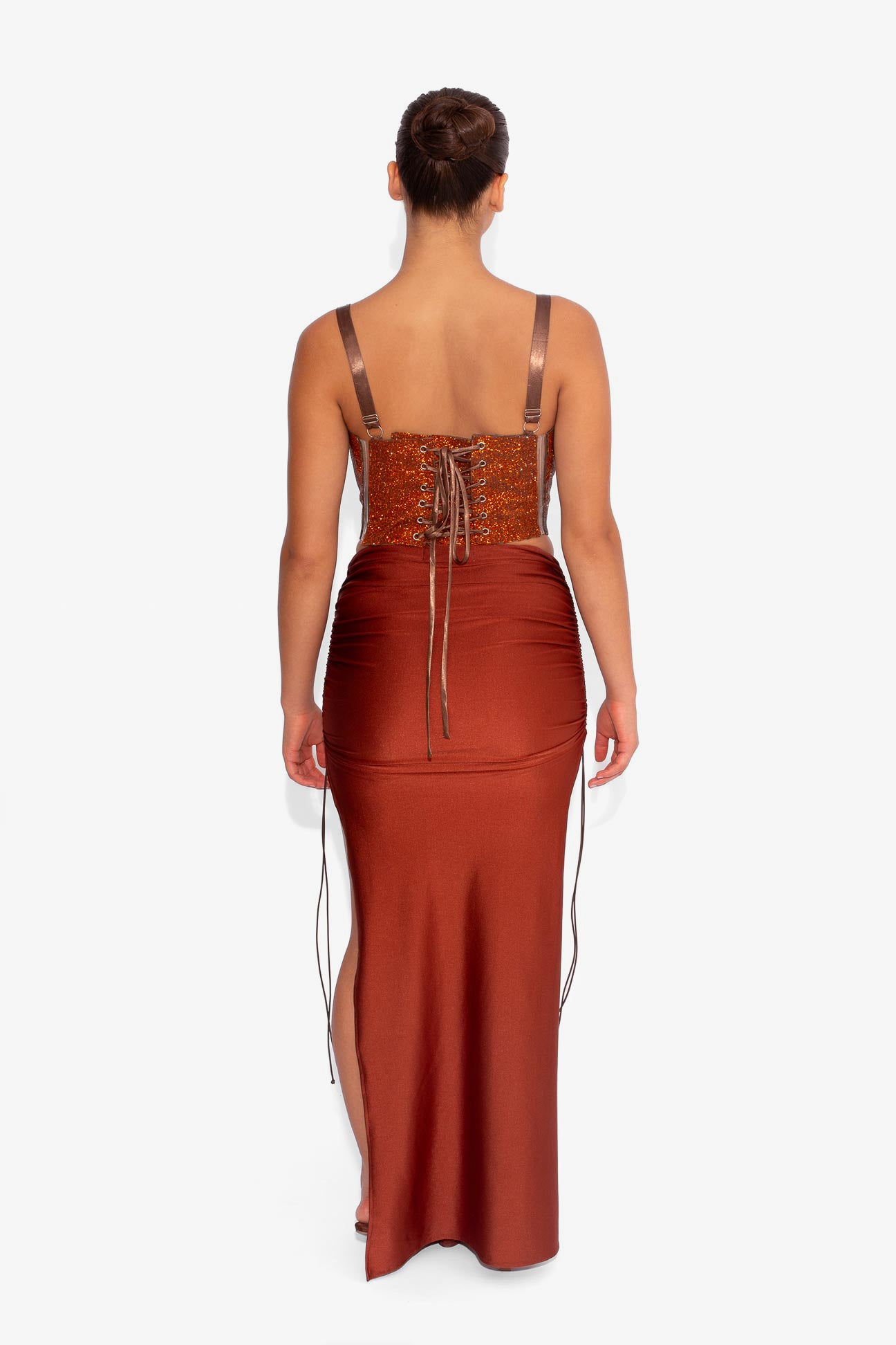 Stretch Draped Maxi Skirt in Rust