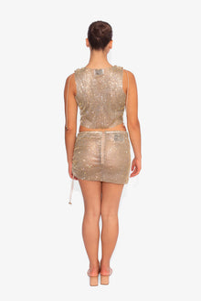 Crystal Embellished Fishnet Tank Top in Gold