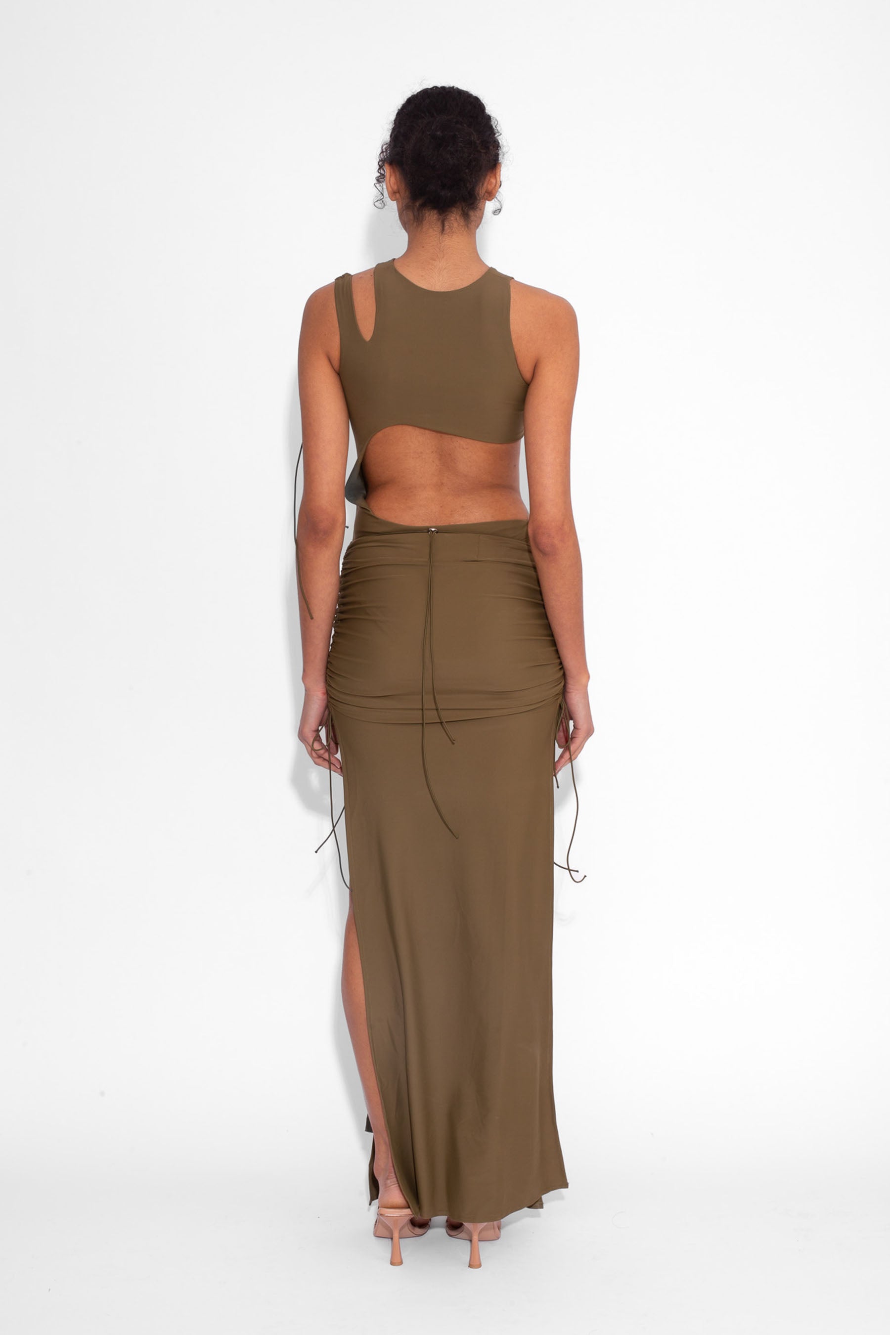 Stretch Draped Maxi Skirt in Khaki