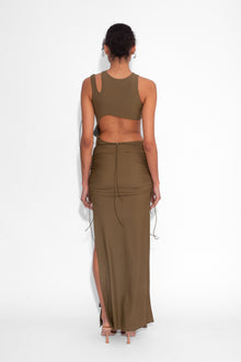 Stretch Draped Maxi Skirt in Khaki