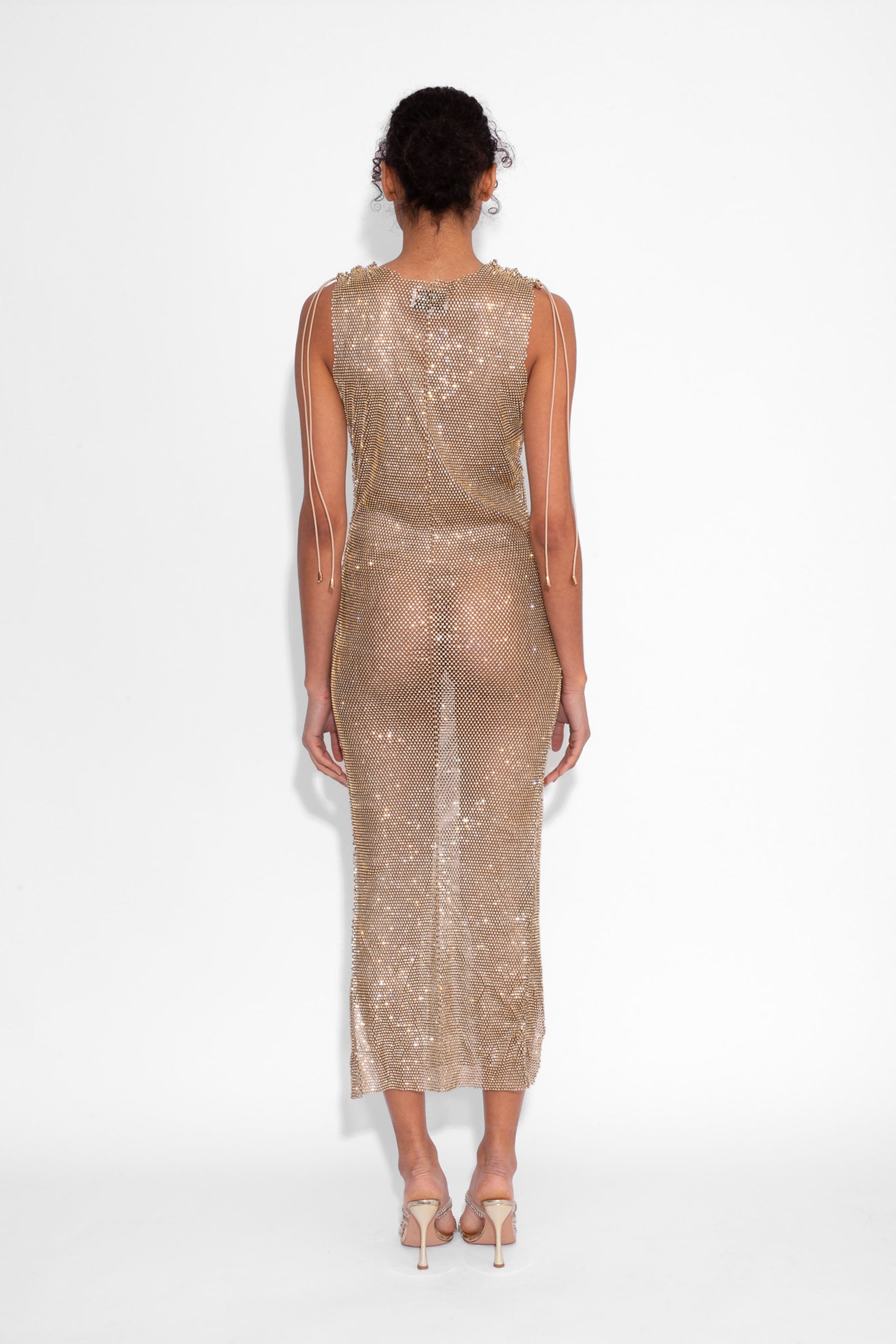 Crystal Embellished Fishnet Vest Dress in Gold