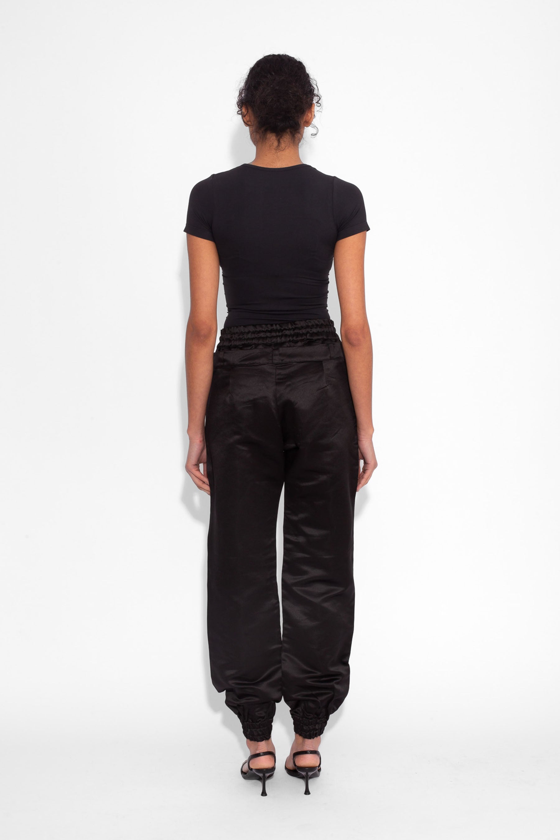 Double Waisted Satin Trousers in Black