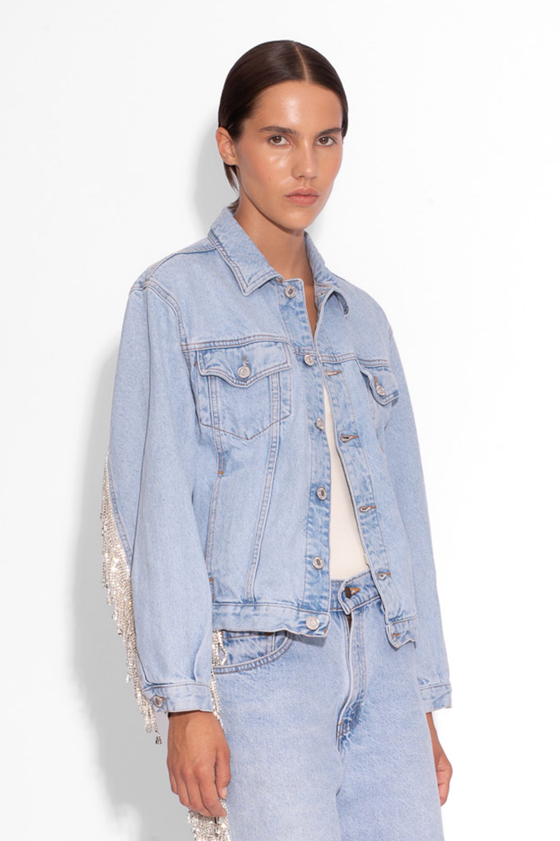 Vintage Denim Crystal Fringe Jacket