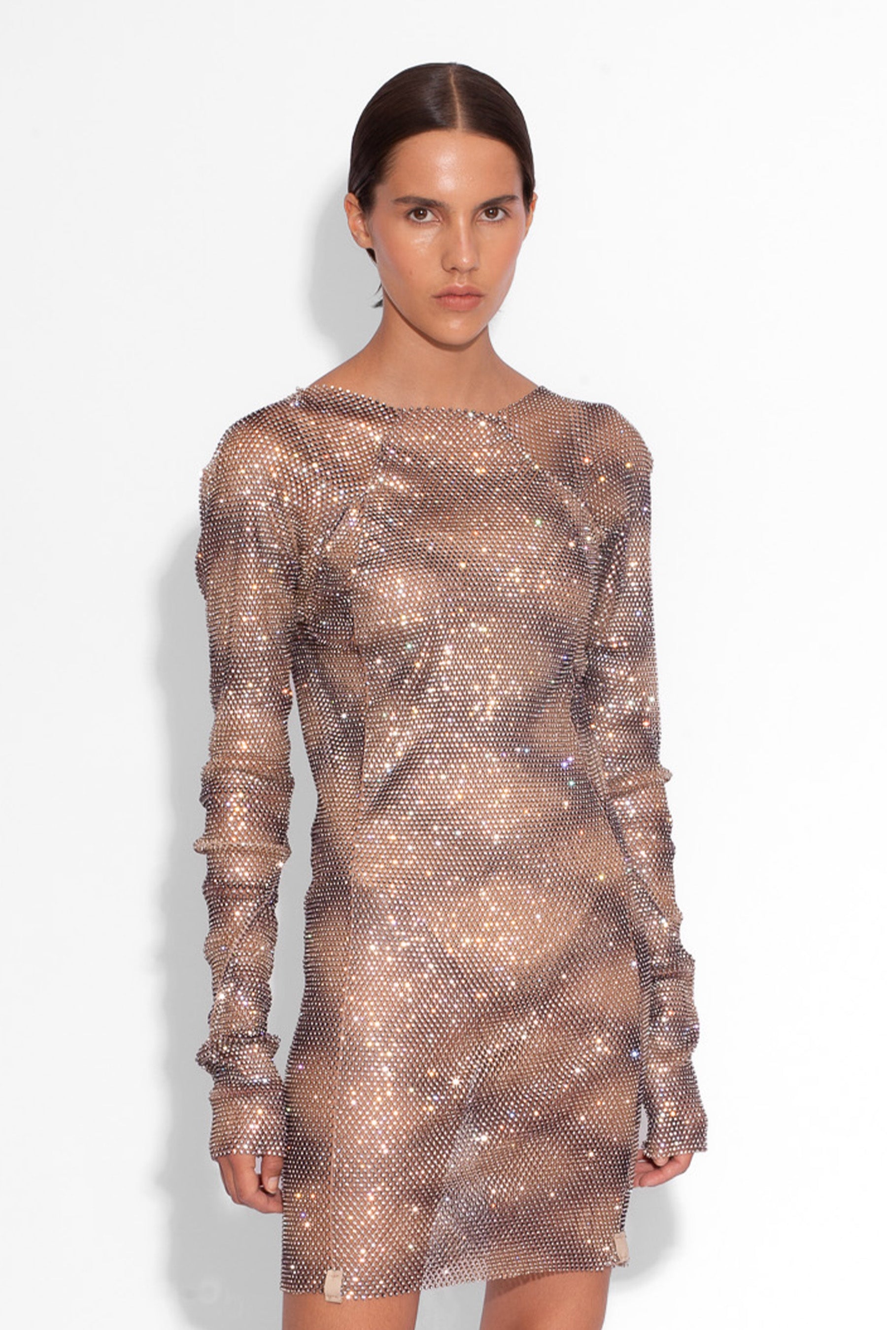 Crystal Embellished Fishnet Mini Dress in Snakeskin