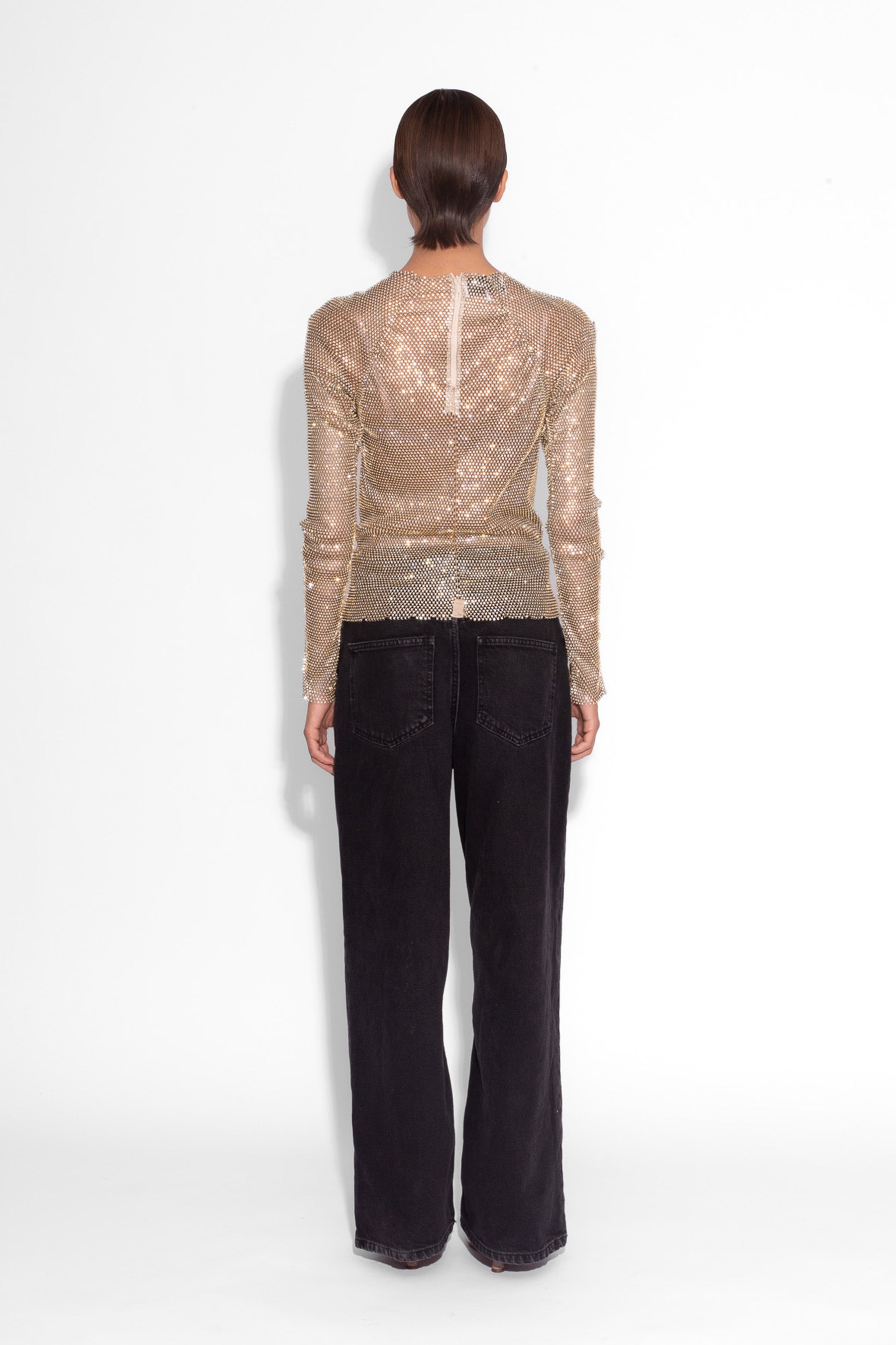 Crystal Embellished Fishnet Top in Gold