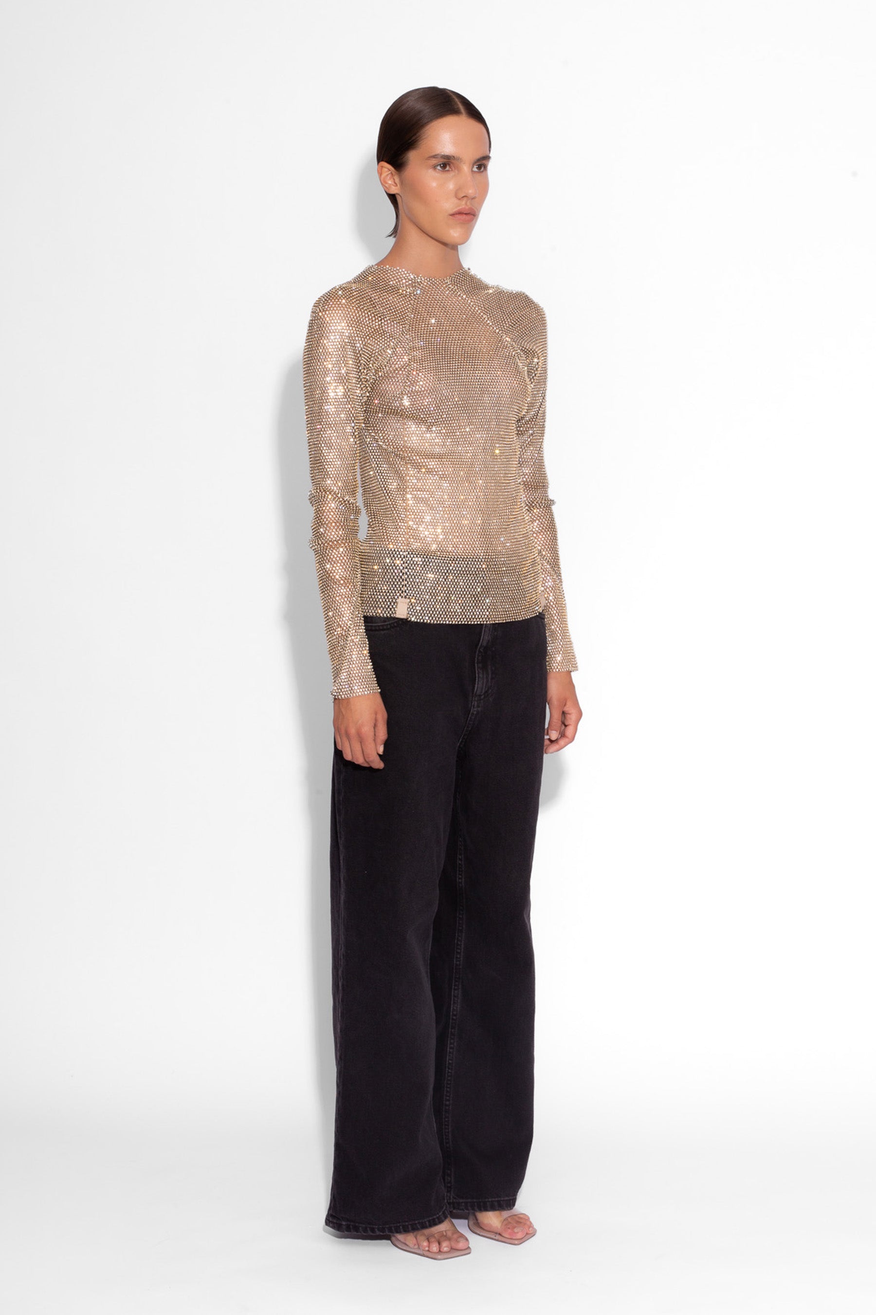 Crystal Embellished Fishnet Top in Gold