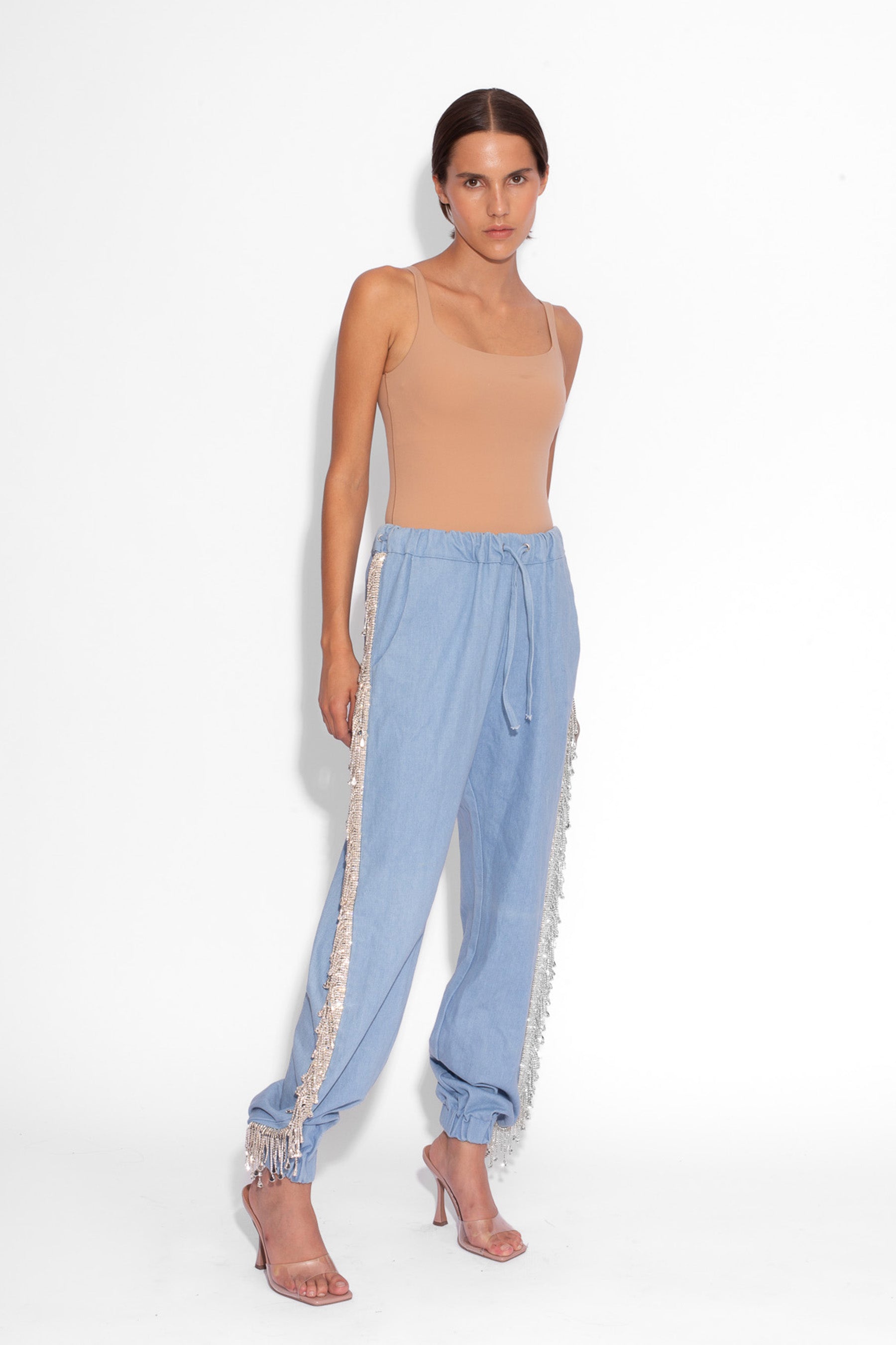 Denim Crystal Fringe Trousers