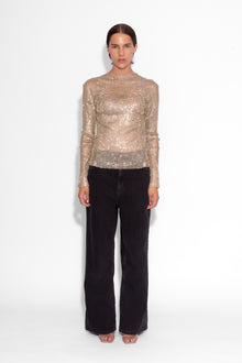 Crystal Embellished Fishnet Top in Gold