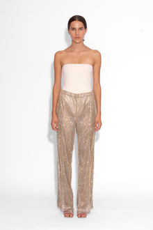 Crystal Embellished Fishnet Trousers in Gold