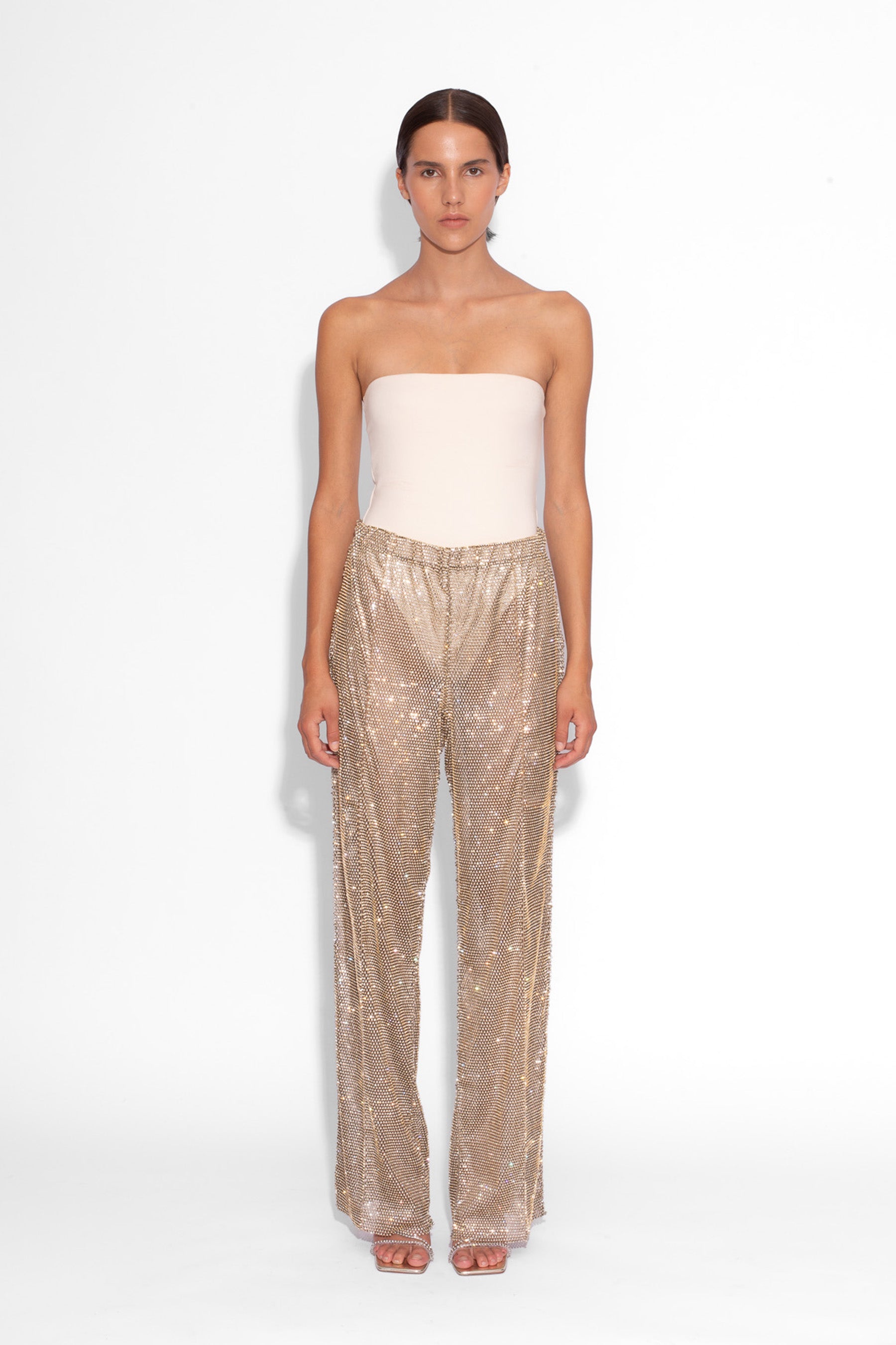 Crystal Embellished Fishnet Trousers in Gold