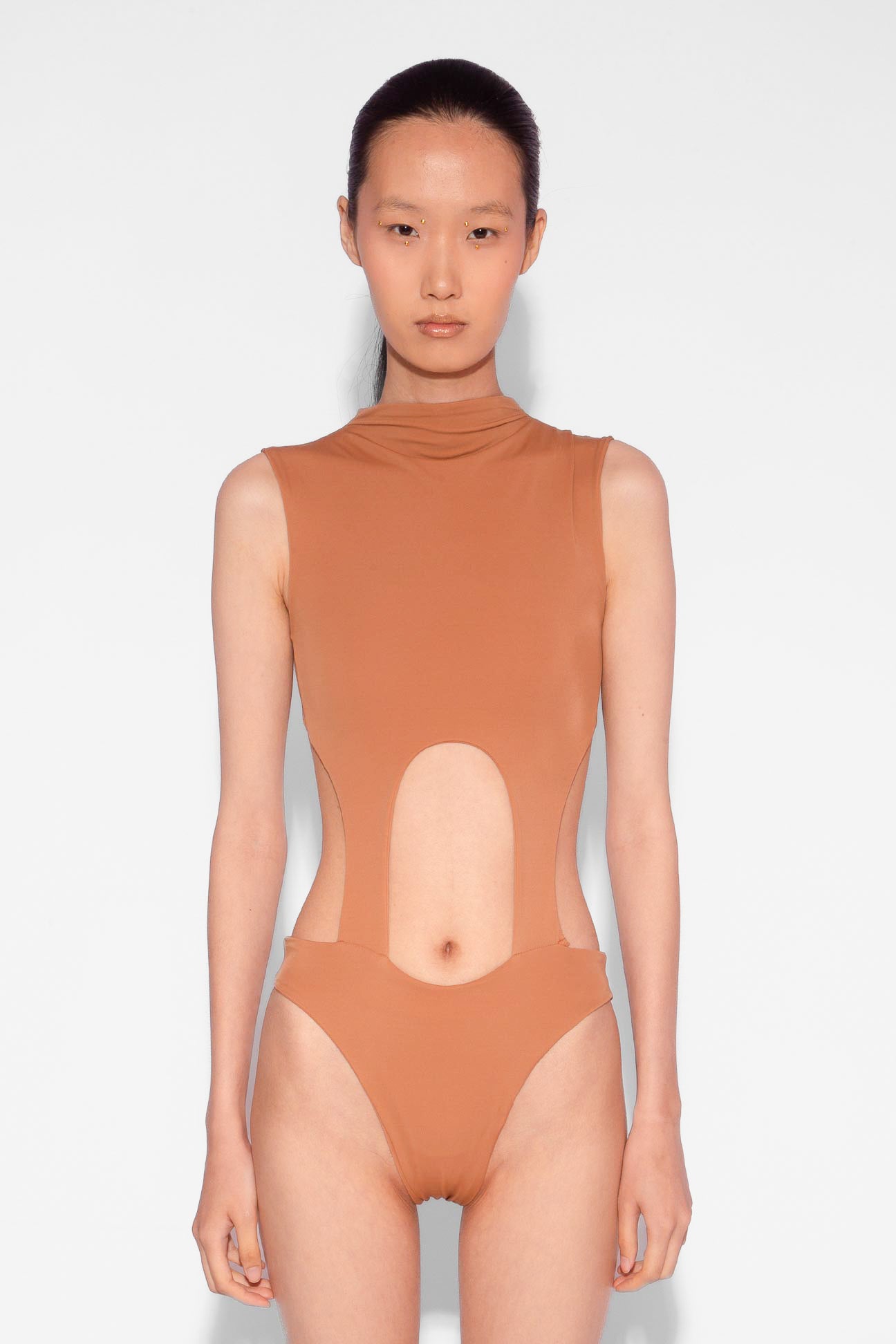 High Neck Cut Out Bodysuit in Chai