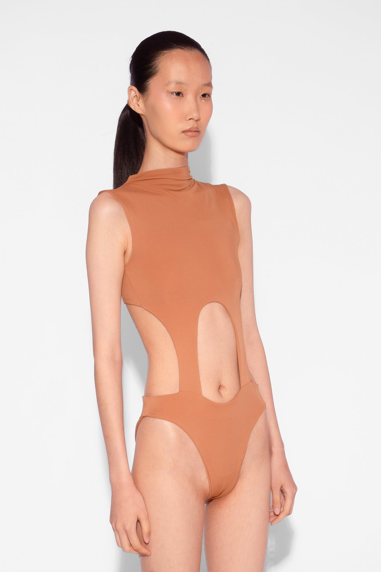 High Neck Cut Out Bodysuit in Chai