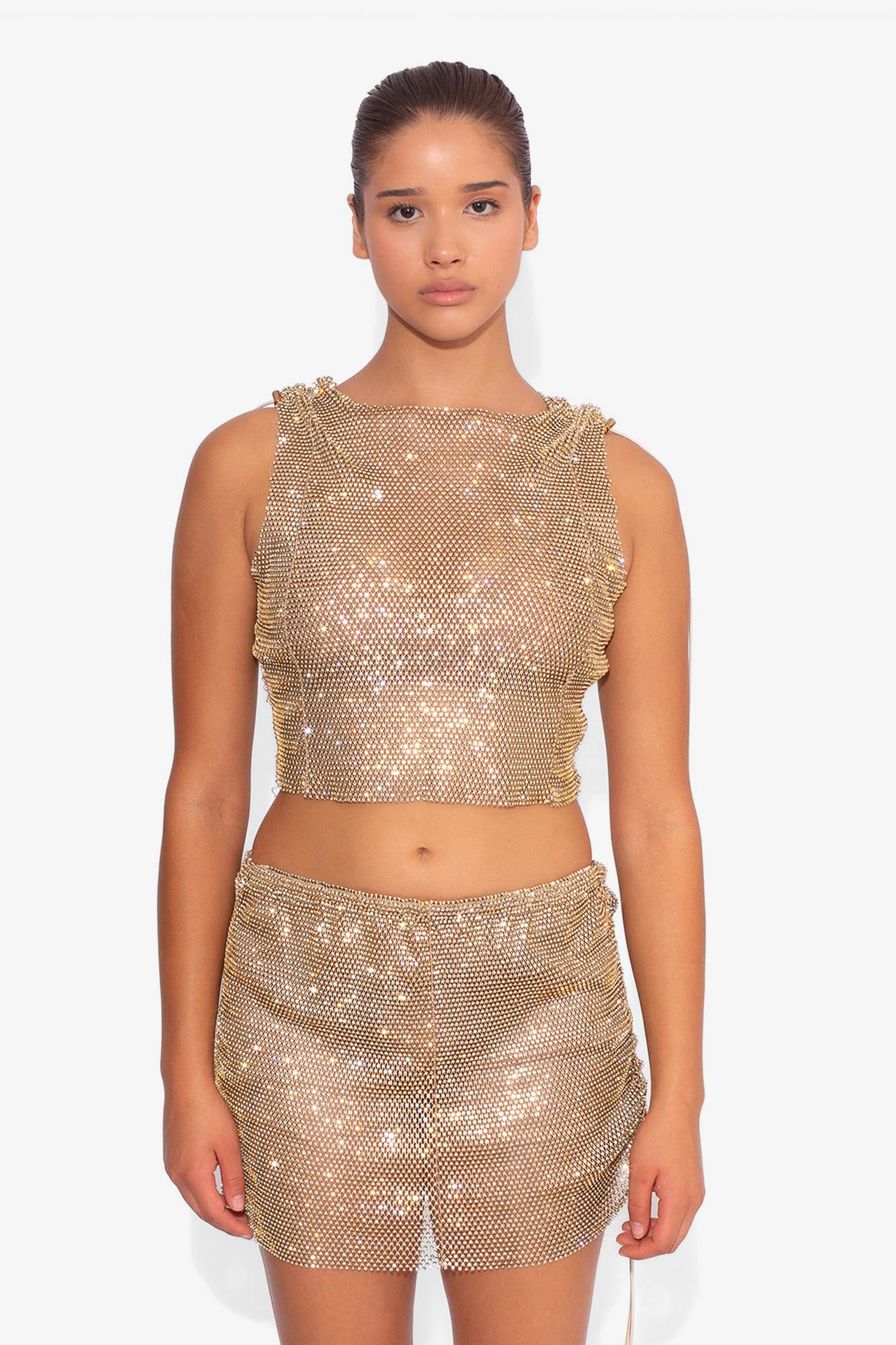 Crystal Embellished Fishnet Tank Top in Gold