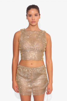 Crystal Embellished Fishnet Tank Top in Gold