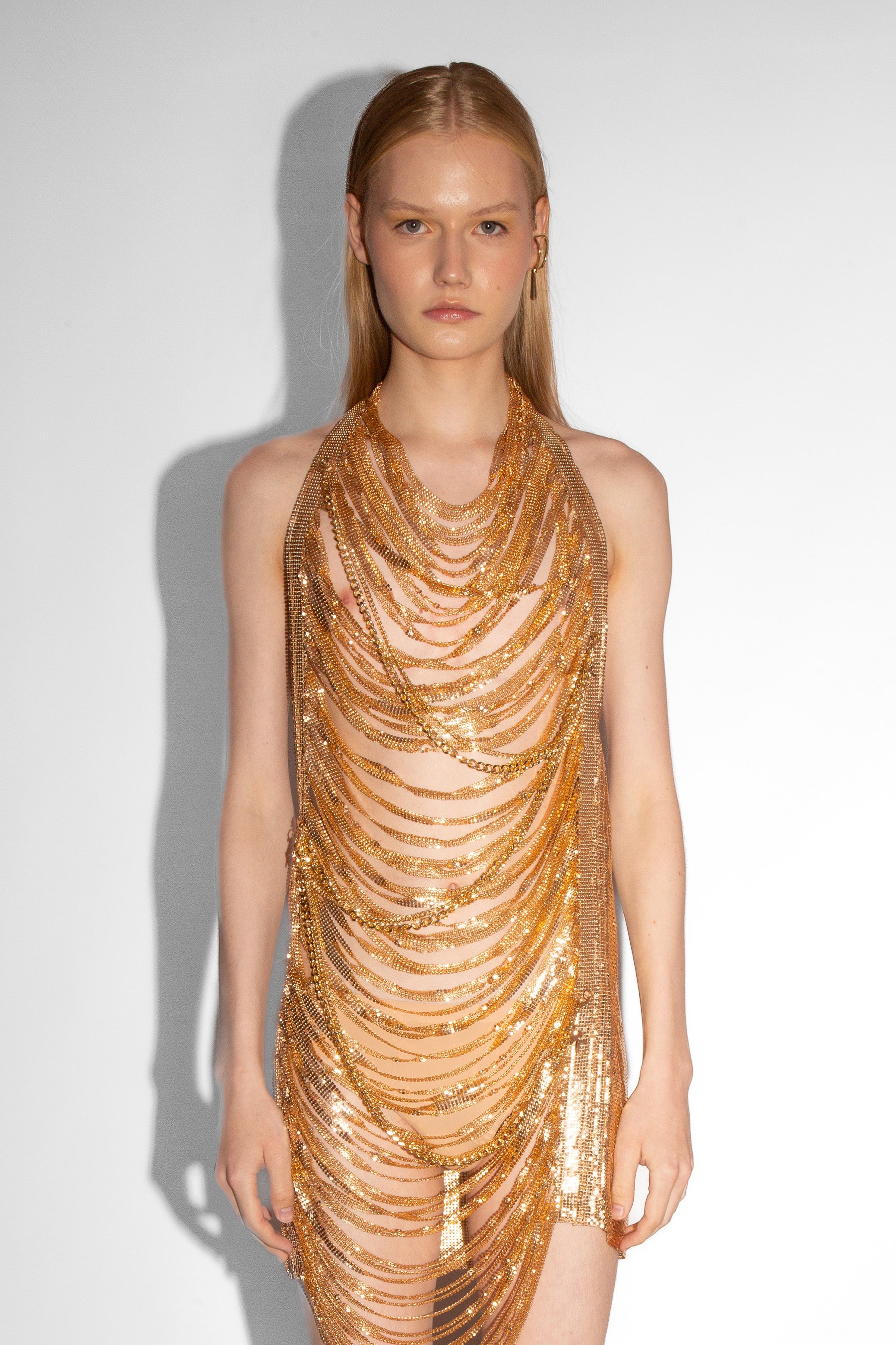 Shredded Chainmail Mini Dress in Gold