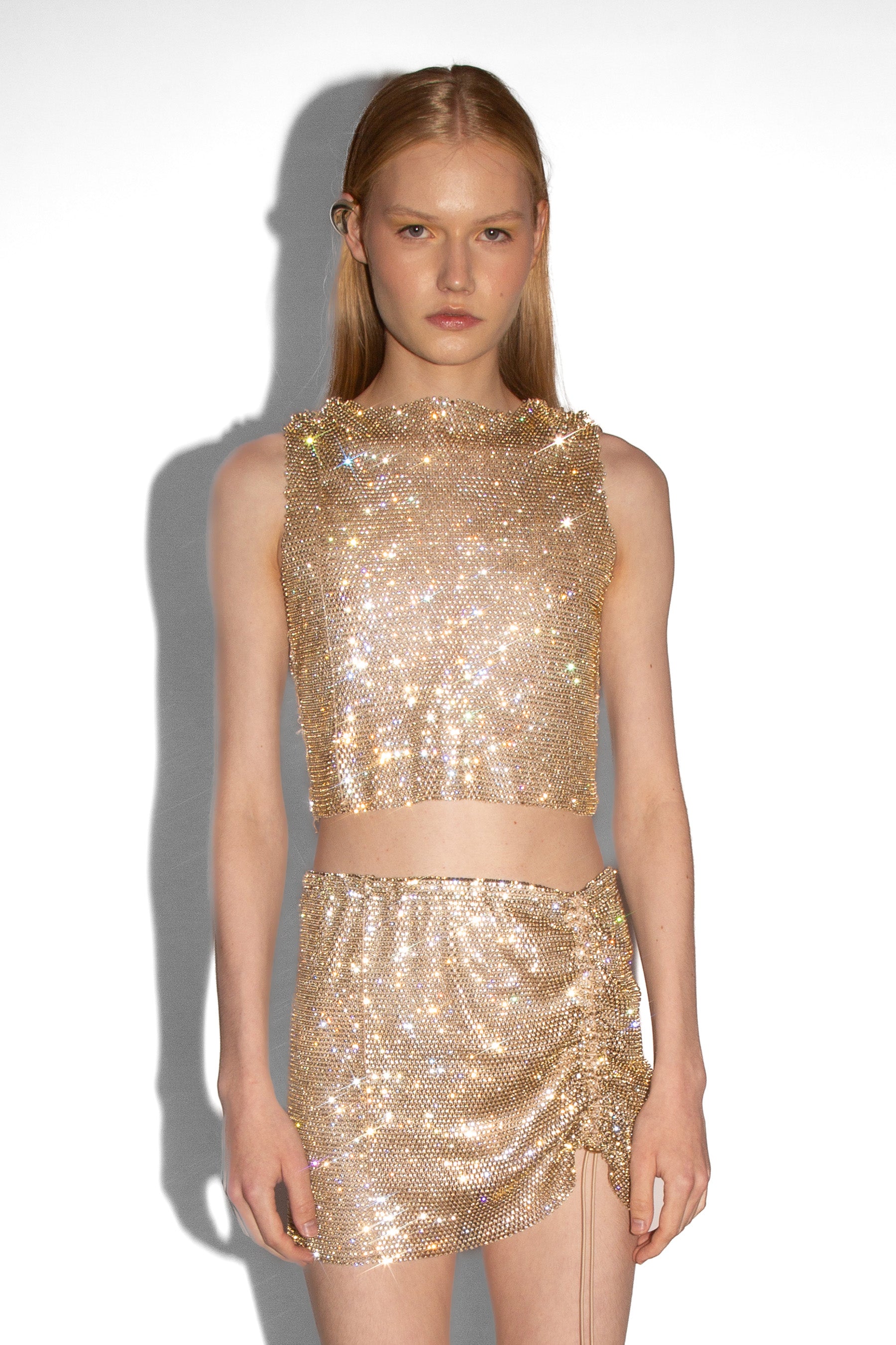 Crystal Embellished Fishnet Tank Top in Gold