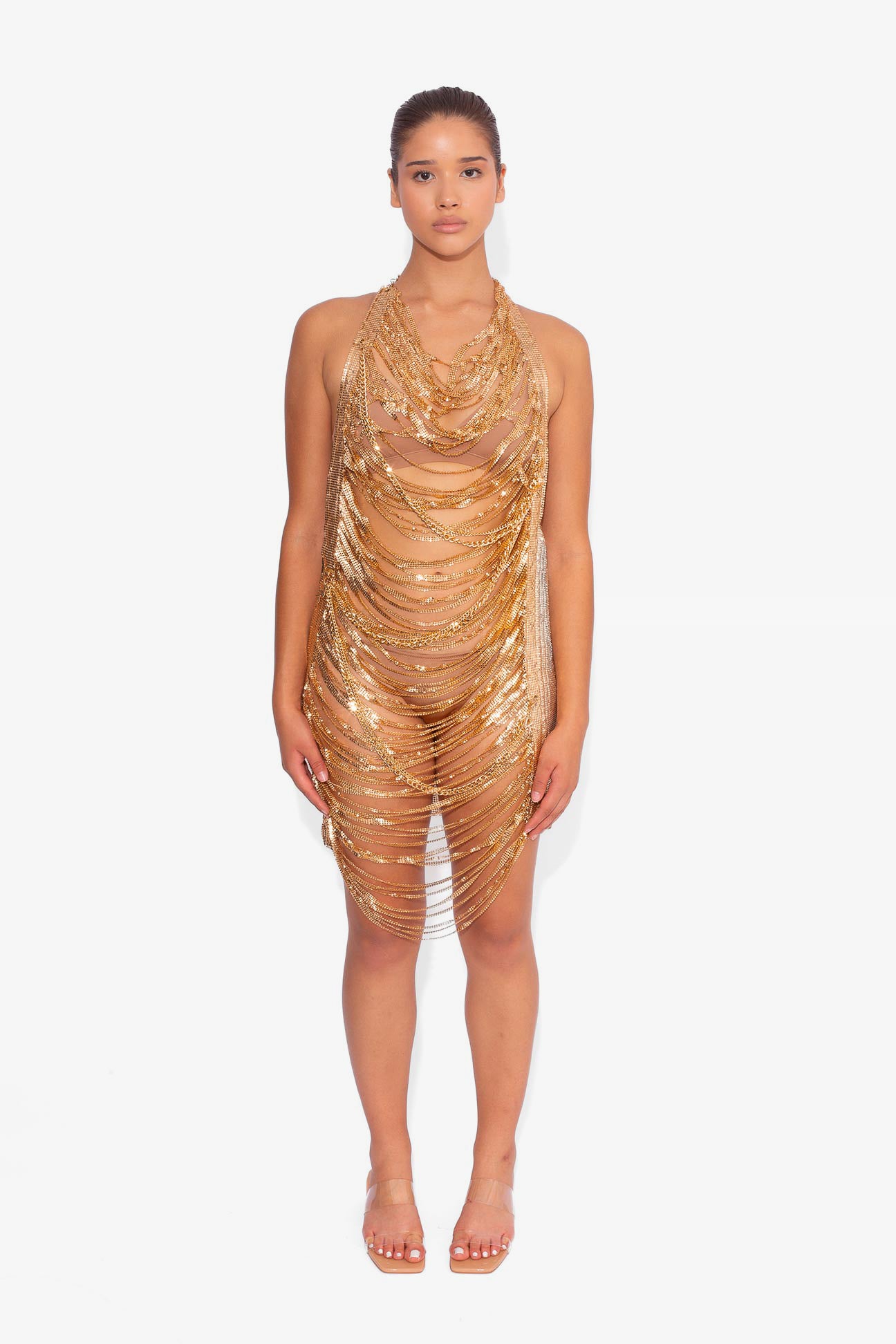 Shredded Chainmail Mini Dress in Gold