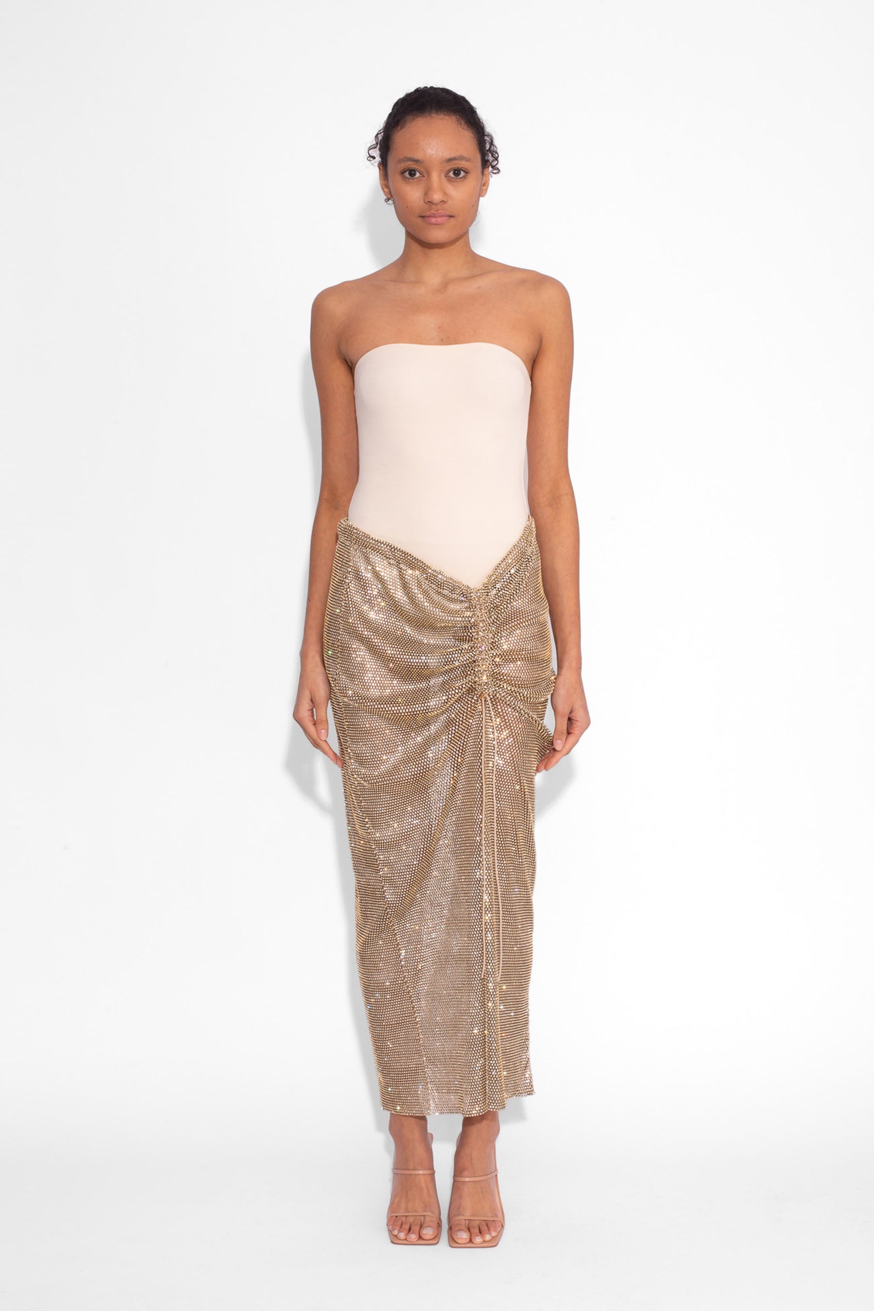 Crystal Embellished Fishnet Maxi Skirt in Gold