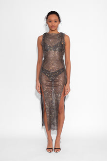 Crystal Embellished Fishnet Vest Dress in Black