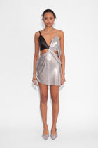 Side Ruched Black and Silver Draped Leatherette Chainmail Dress