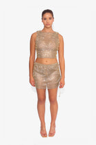 Crystal Embellished Fishnet Tank Top in Gold