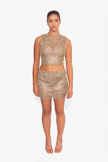 Crystal Embellished Fishnet Tank Top in Gold