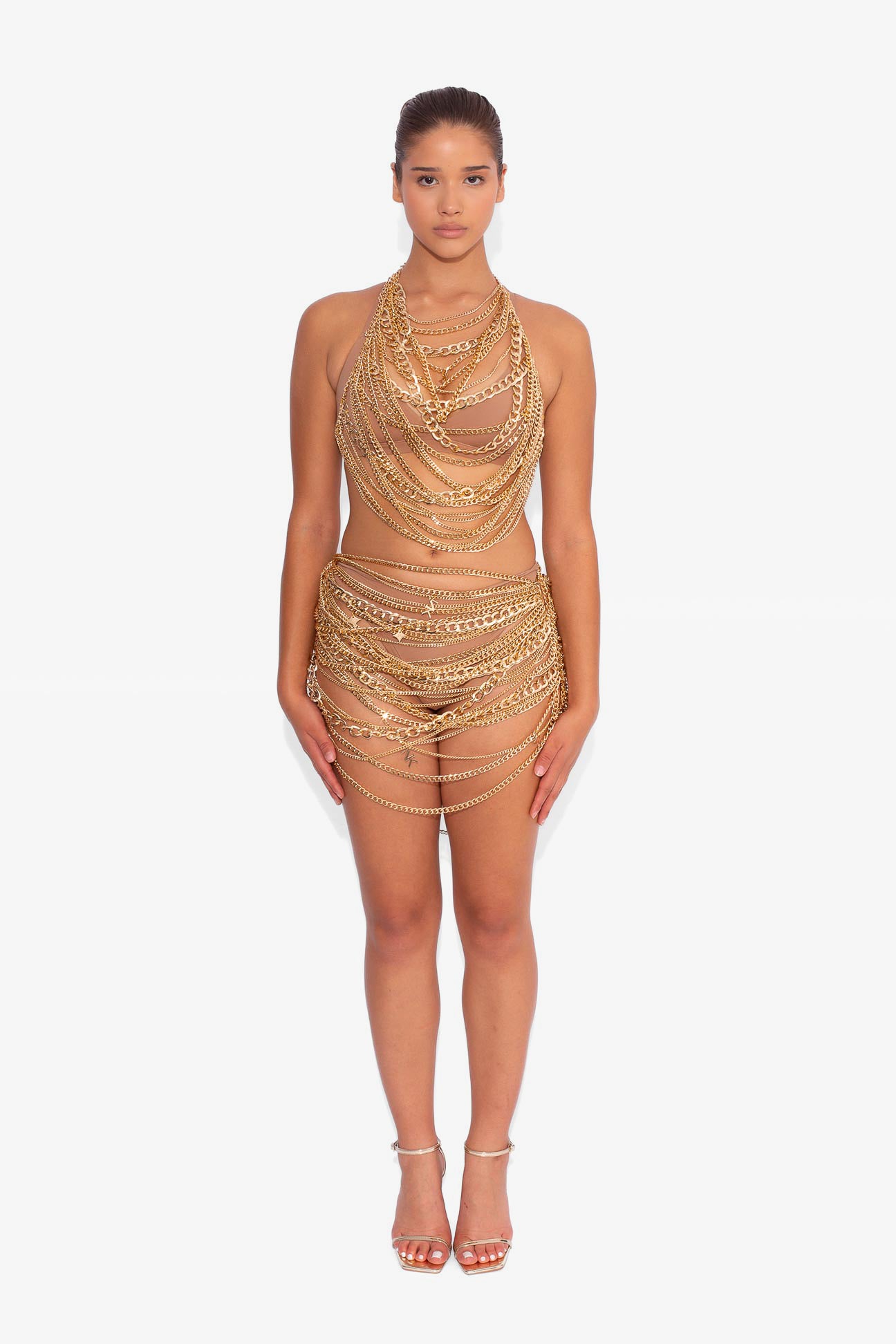 Chain Draped Mini Skirt in Gold