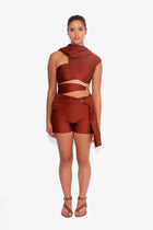 Stretch Draped Shorts in Rust