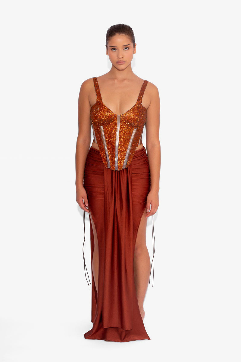 Stretch Draped Maxi Skirt in Rust