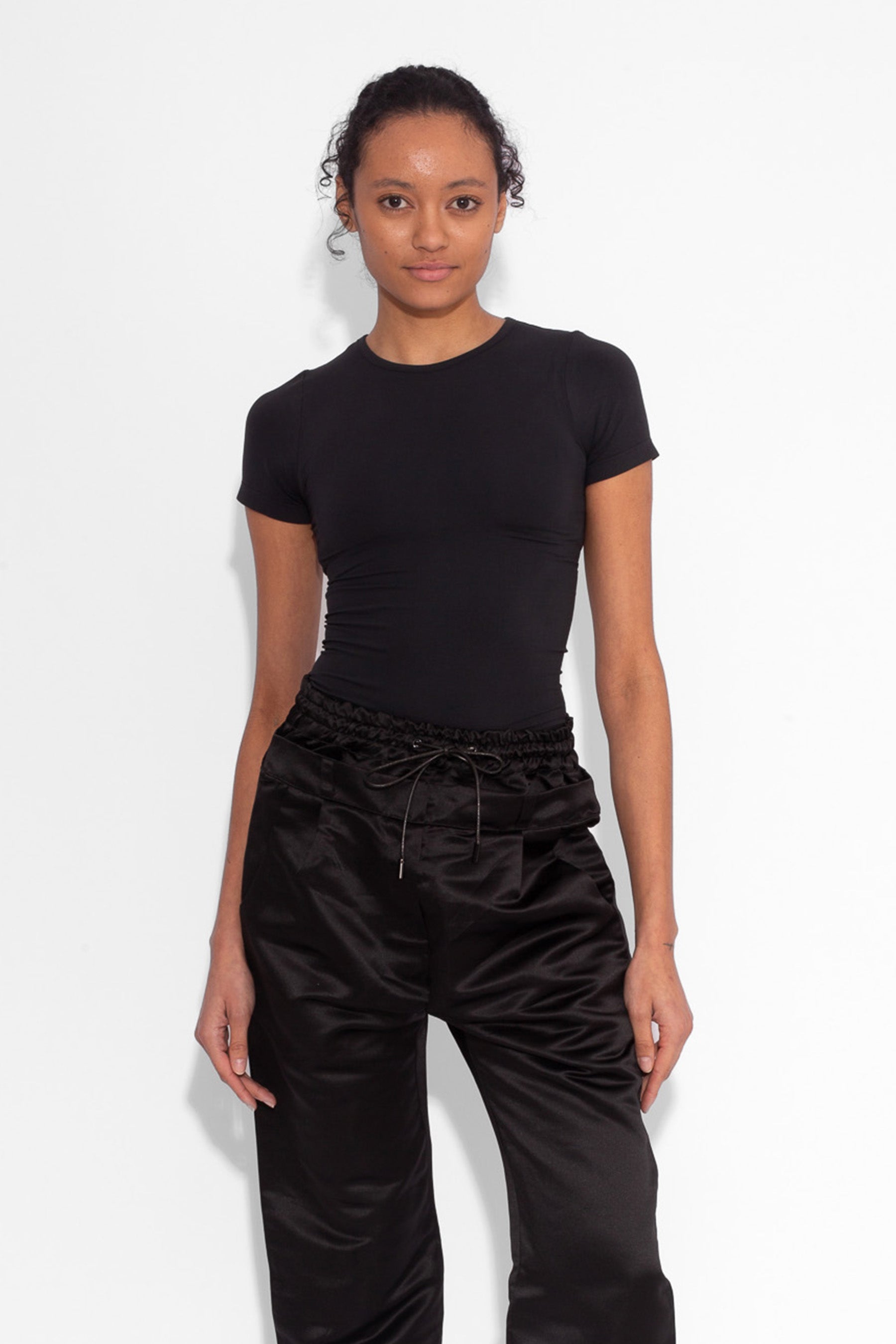 Double Waisted Satin Trousers in Black