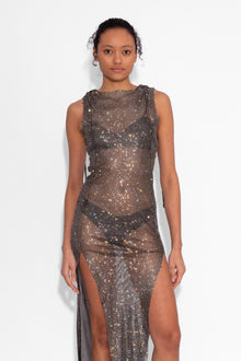 Crystal Embellished Fishnet Vest Dress in Black