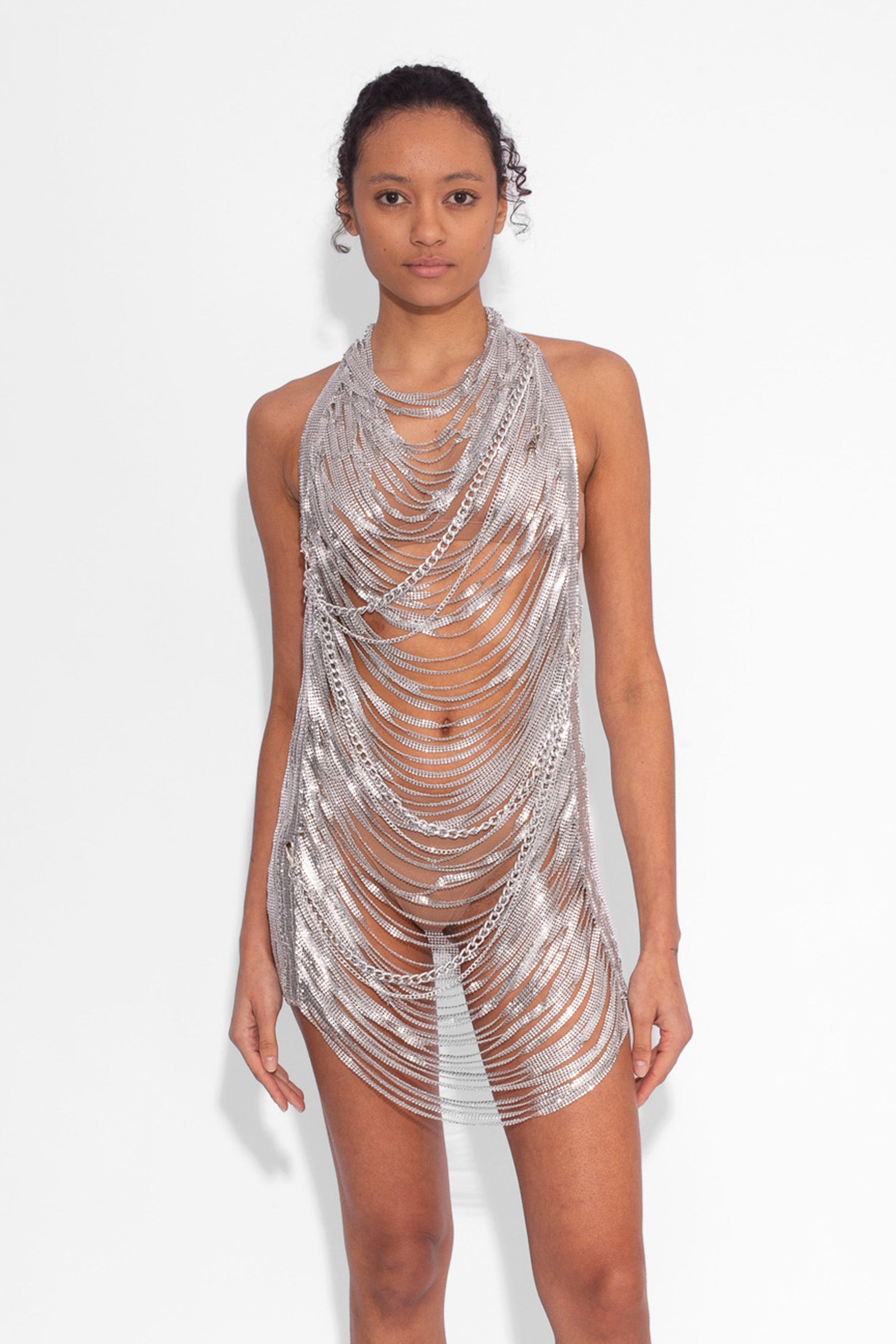 Shredded Chainmail Mini Dress in Silver