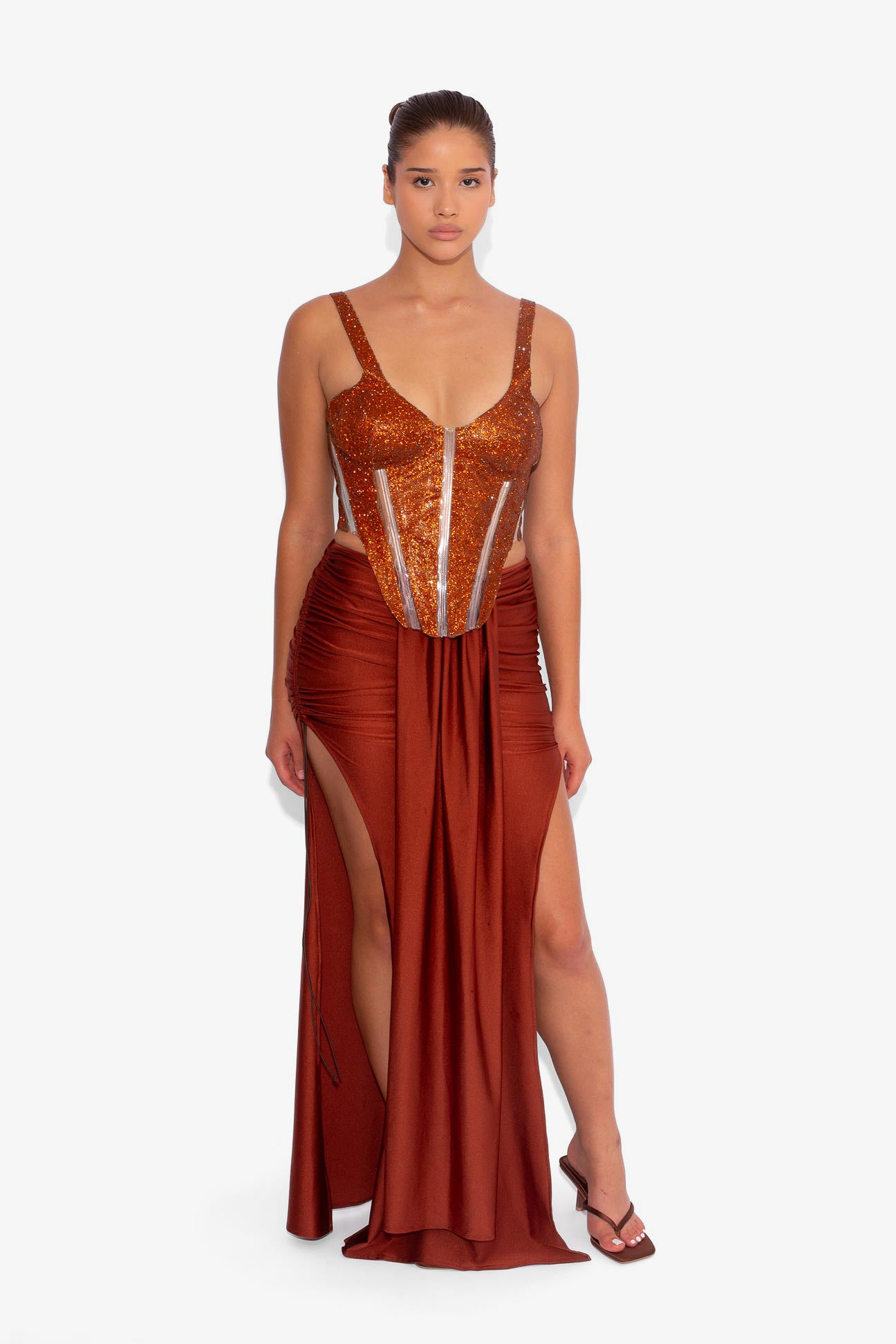 Stretch Draped Maxi Skirt in Rust