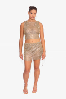 Crystal Embellished Fishnet Tank Top in Gold