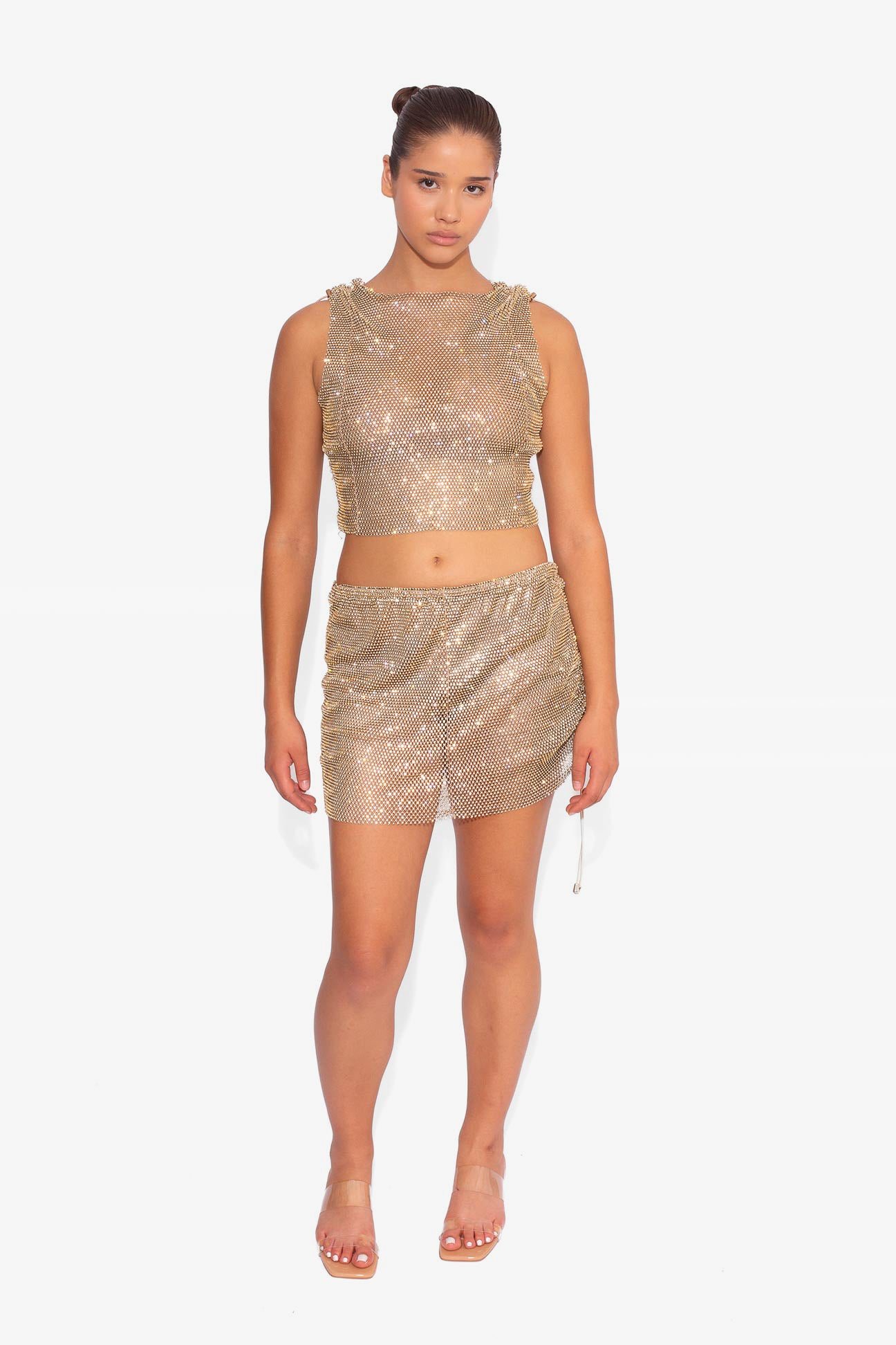 Crystal Embellished Fishnet Tank Top in Gold