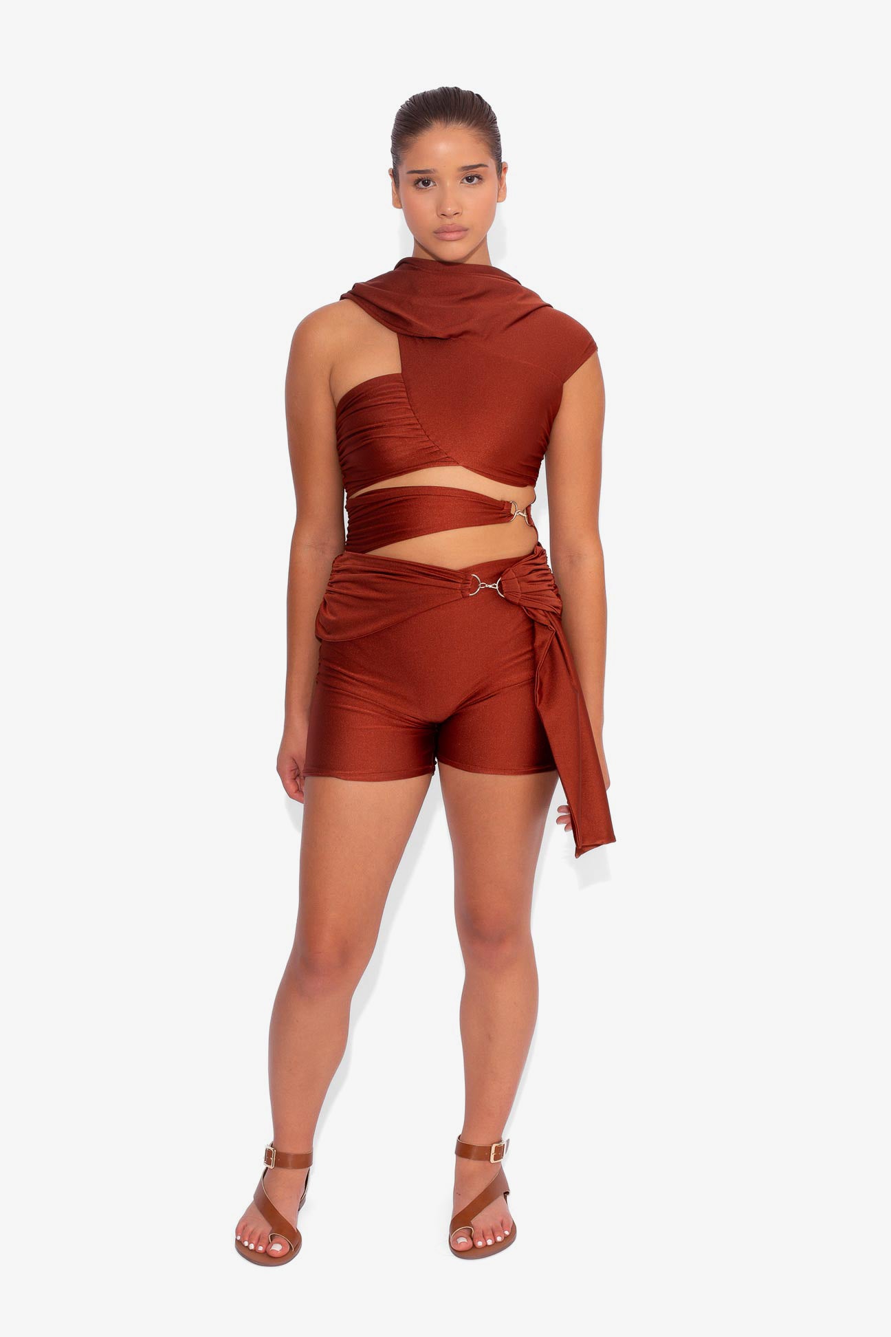 Stretch Draped Shorts in Rust