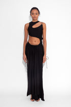 Stretch Draped Maxi Skirt in Black