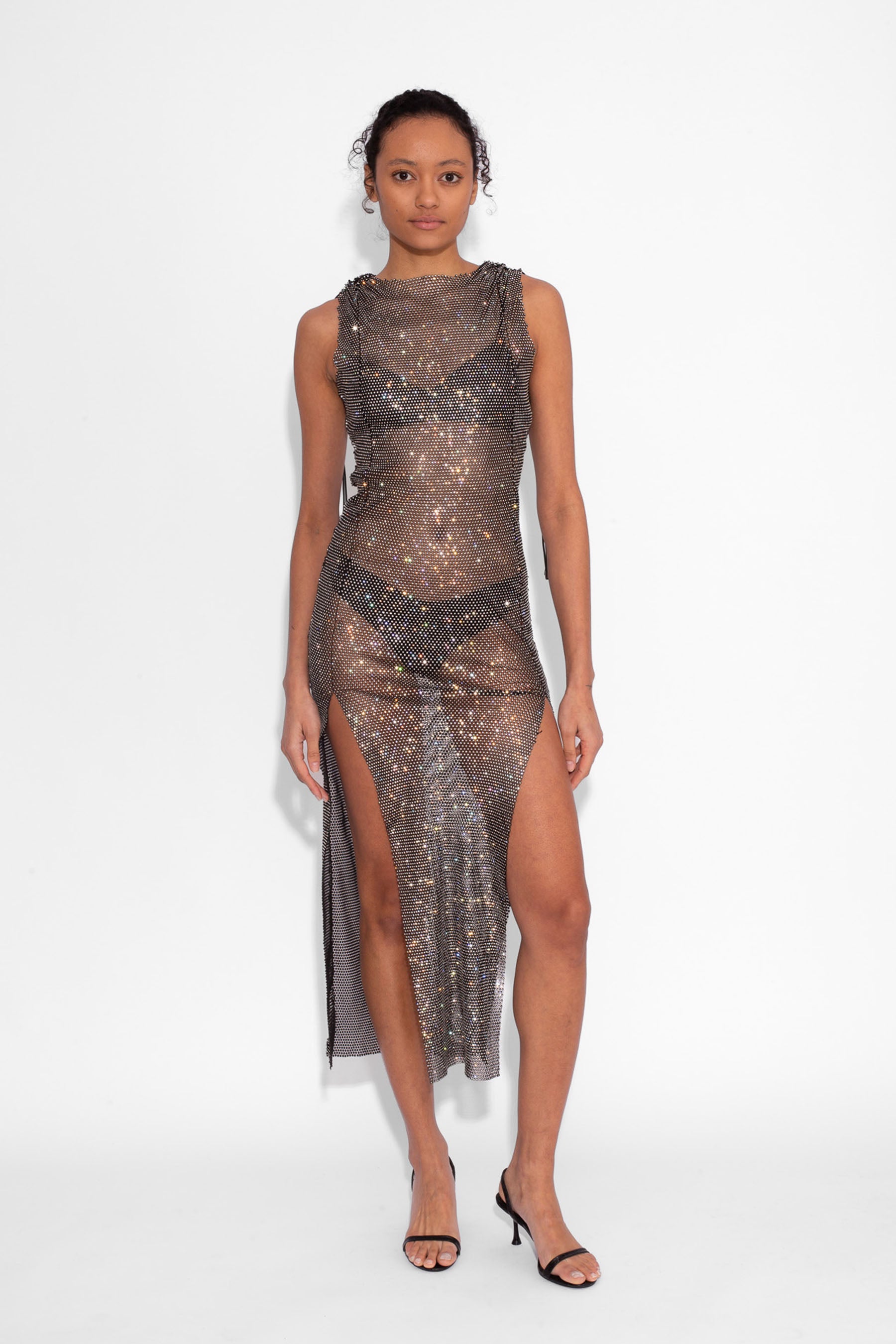 Crystal Embellished Fishnet Vest Dress in Black