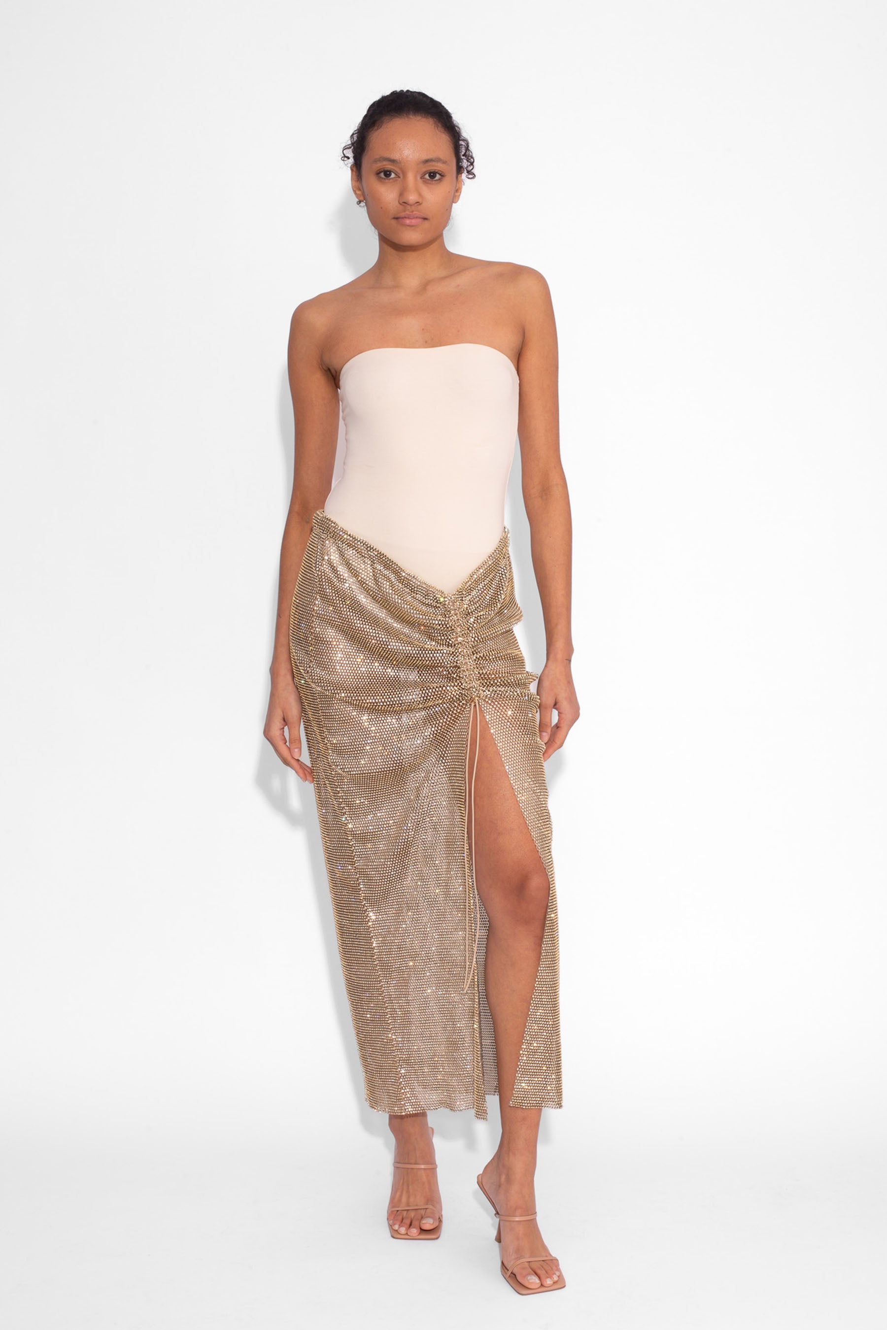 Crystal Embellished Fishnet Maxi Skirt in Gold