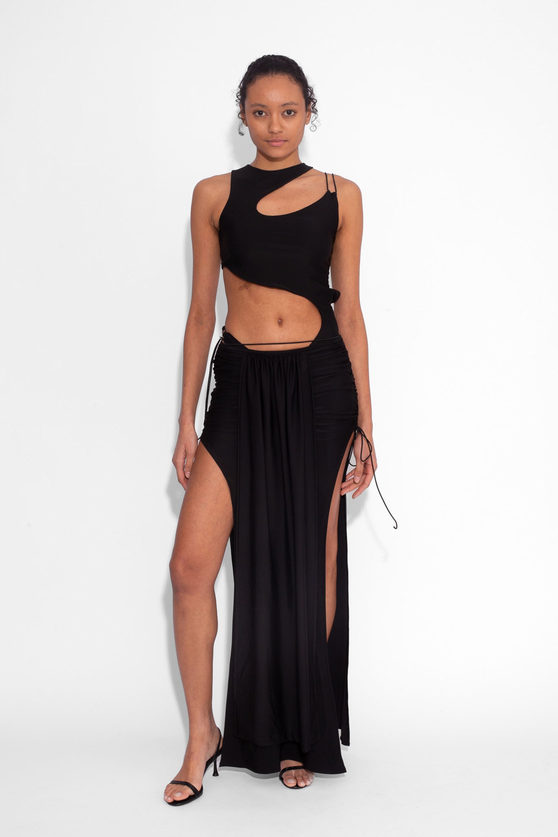 Stretch Draped Maxi Skirt in Black