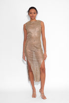 Crystal Embellished Fishnet Vest Dress in Gold