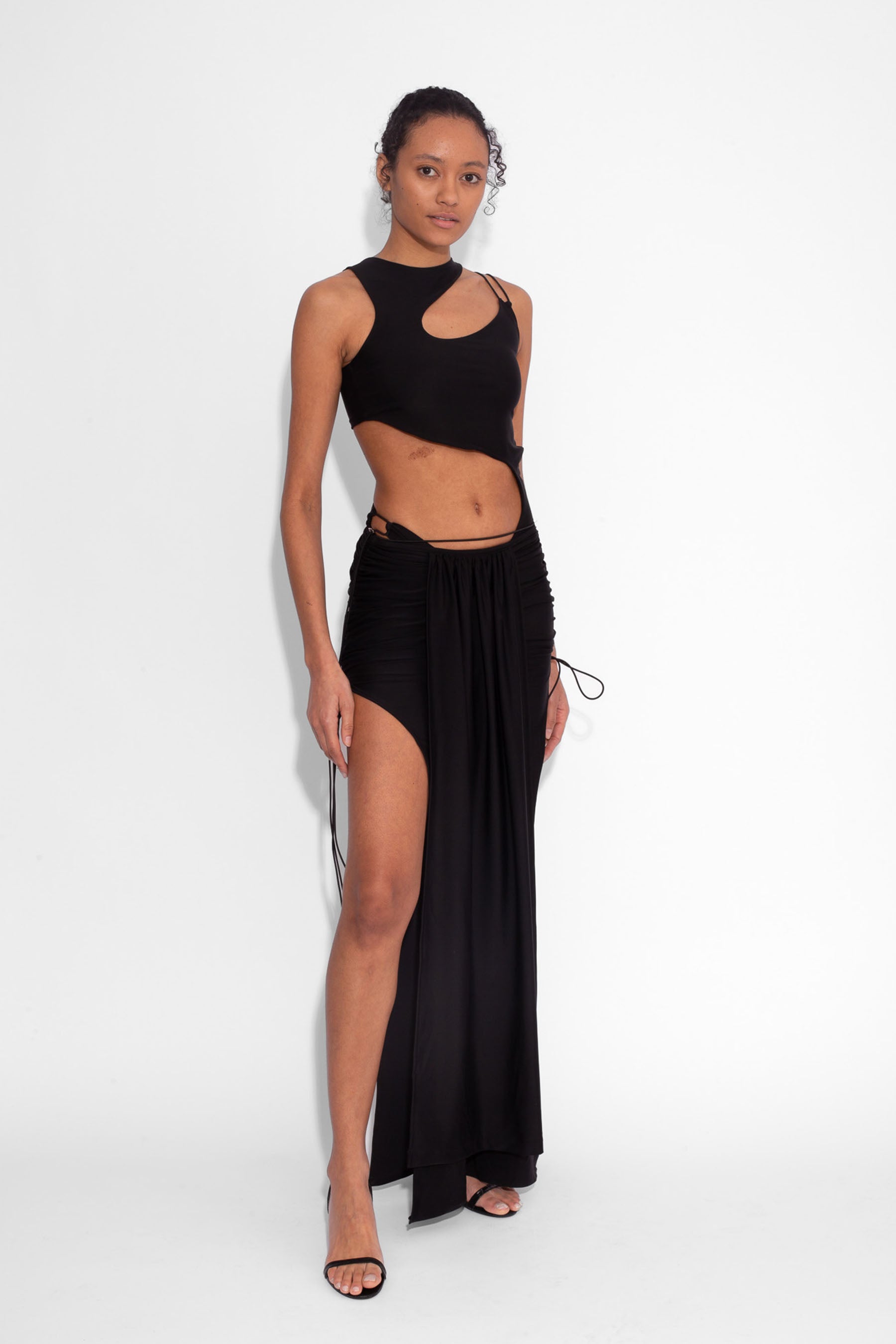 Stretch Draped Maxi Skirt in Black