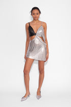 Side Ruched Black and Silver Draped Leatherette Chainmail Dress