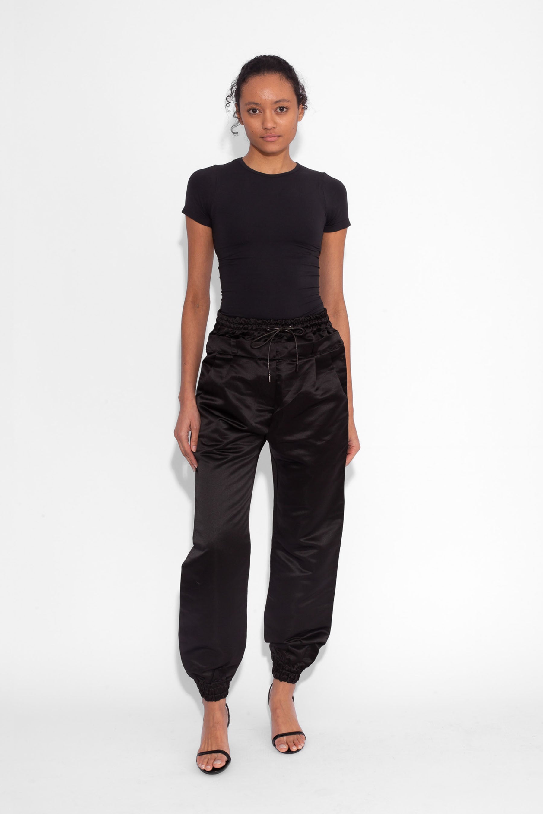 Double Waisted Satin Trousers in Black