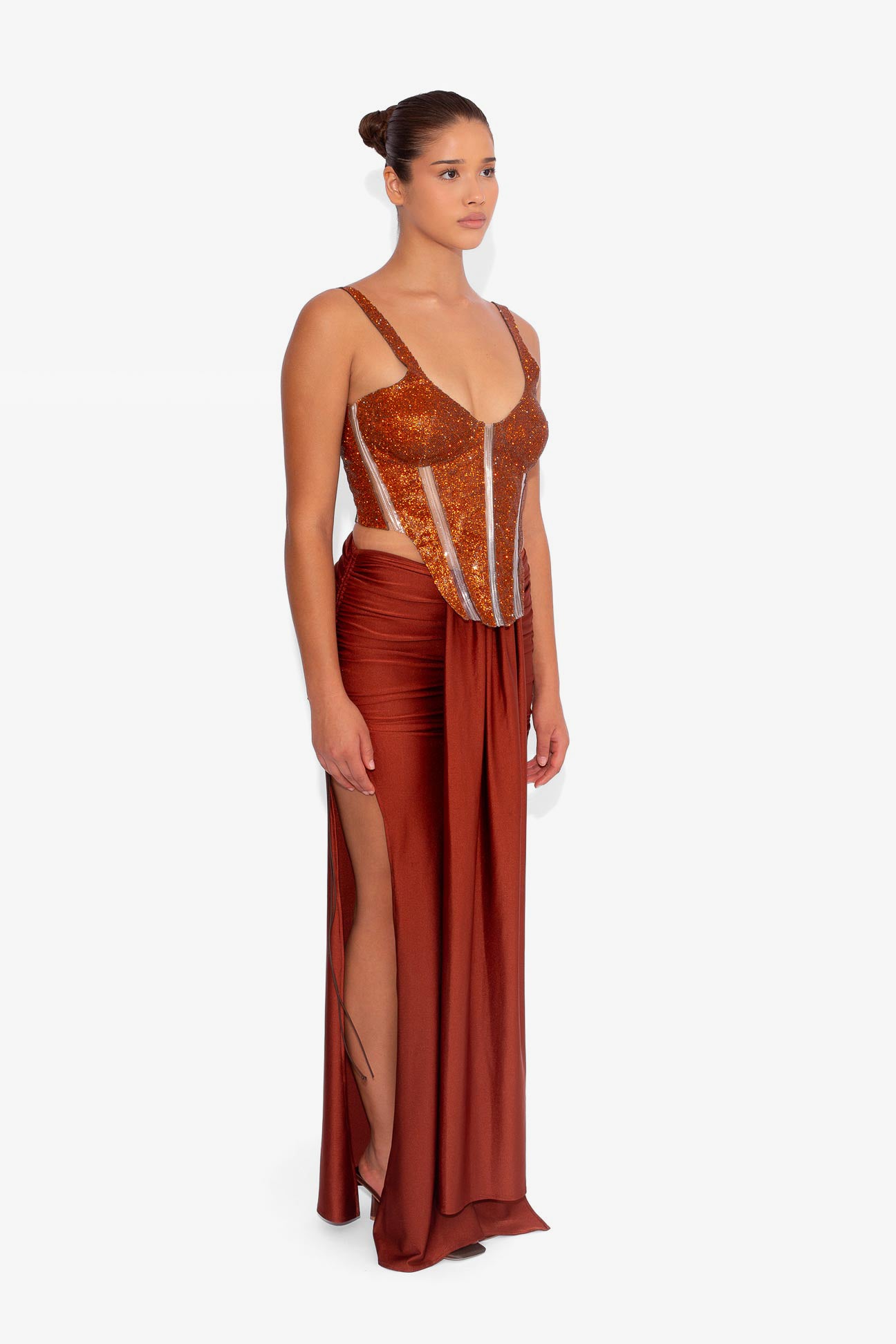 Stretch Draped Maxi Skirt in Rust