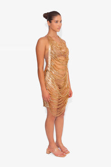 Shredded Chainmail Mini Dress in Gold