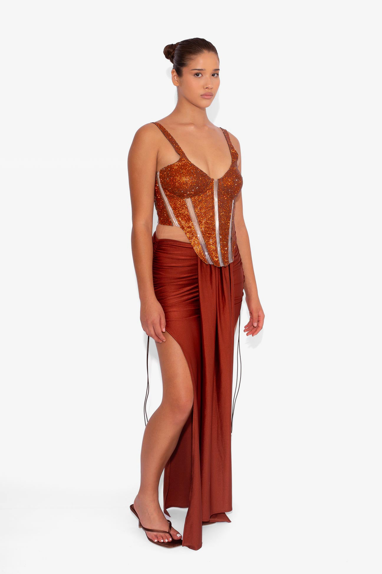 Stretch Draped Maxi Skirt in Rust