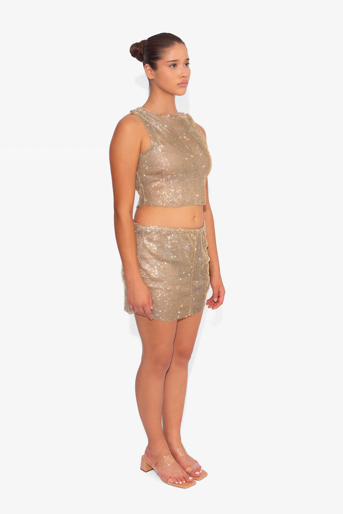 Crystal Embellished Fishnet Tank Top in Gold