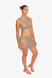 Crystal Embellished Fishnet Tank Top in Gold